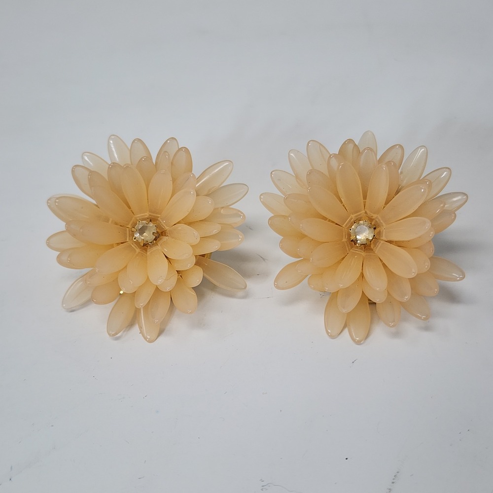 J.Crew Flower Stud Earrings Peach Resin Rhinestone Chrysanthemum Statement